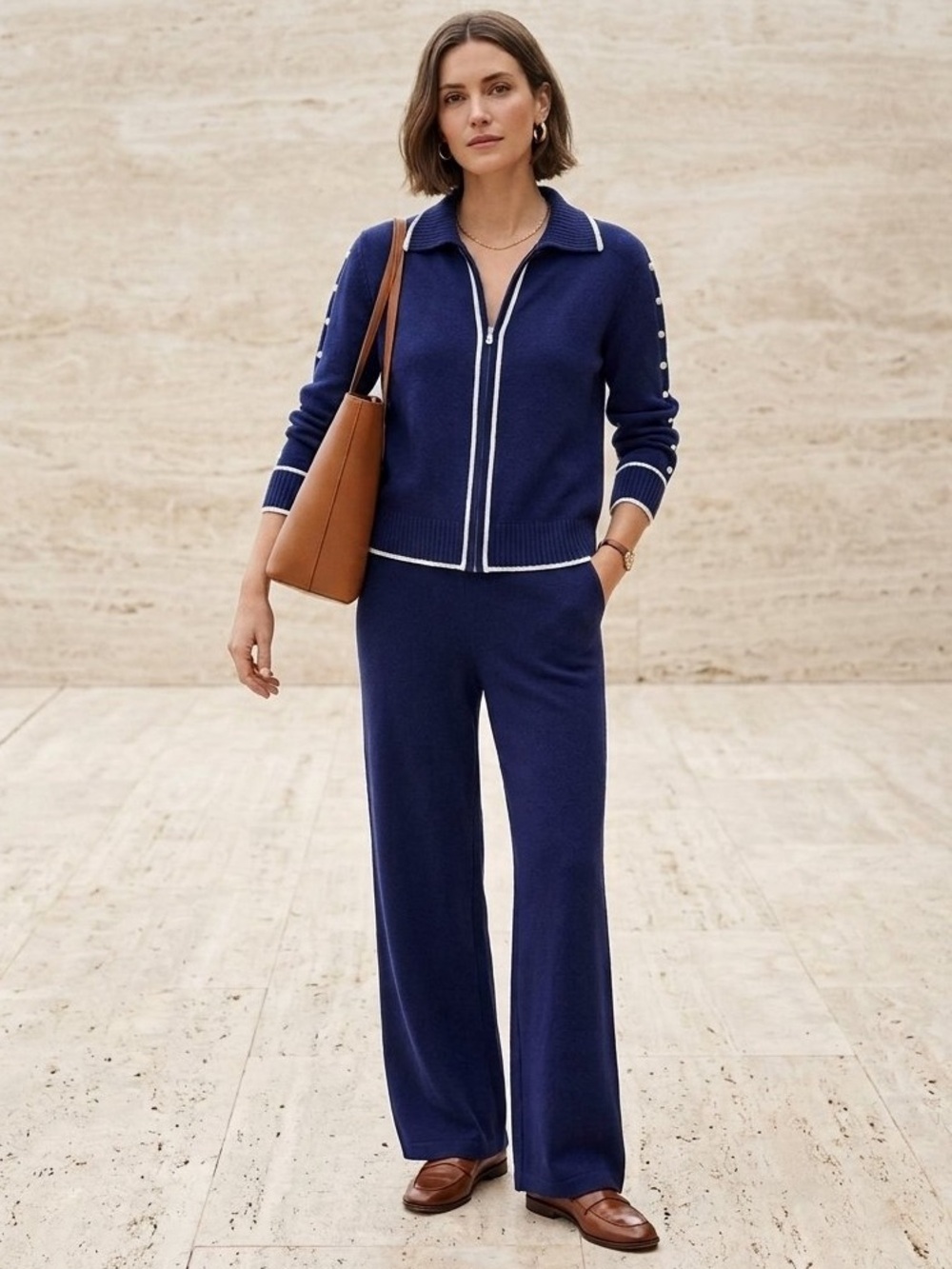 St John Collection Size 10/12 Navy White Wool Knit Jacket and Pant Matching Set